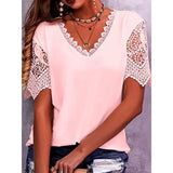 Fongt Women's T-Shirt Burst Lace Splicing Loose V-Neck Short-Sleeved T-Shirt