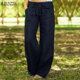 ZANZEA Women Autumn Pants Wide Leg Trousers 2022 Elegant Button Long Pant Turnip Lace Up Pantalon Zip Palazzo