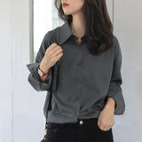 Gray 2020 Spring Summer New Long Sleeve Notch Collar All-match Blouse Coat Women Loose Casual Fashion Solid Shirts