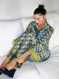 Fongt New Fashion Printing Set Loose Long Sleeve V Straight Trousers