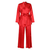 Fongt Women's Solid Color Pressure Folded Loose Long Sleeves Tying Shirt Trousers Two-Set Set