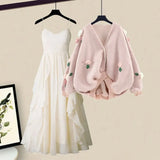 Women Spring Two Pieces Sets Korean Long Sleeve Knitted Sweater Cardigan And Ruffles Patchwork Mesh Long Dress
