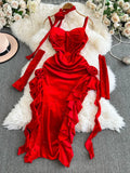 Fongt Red Velvet Sling Dress Woman Irregular Opening Sexy Bag Hip Heavy Industry Dress Dress 0453