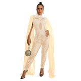 Fashion Women's Hot Diamond Mesh Perspective Pants Sleeveless Shoulder Jumpsuit-Outfit