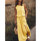 Fongt 2025 Summer Women's Fashion Trend Retro Round-Neck Sleeveless Forked Solid Color Two-Piece