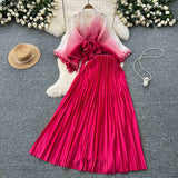 Fongt Suit Female Strap To Waist Gradient Color Pressure Folding Shirt High Waist 100 Folded Skirt Two Sets