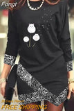 Women Print Slim Mini Dress Casual Spring Summer Round Neck Irregular Dress Elegant Lady Long Sleeve Party Vestidos