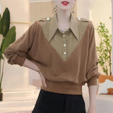Women's Clothing Vintage Turn-down Collar Blouse Autumn Winter New Commute Fake Two Pieces Patchwork Loose Stylish Epaulet Shirt-Outfit
