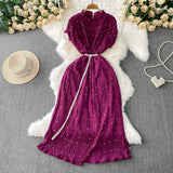 Fongt Temperament Heavy Industry Pearl Wood Ear Round Collar Dress Women's Summer New Waist Thin 100 Folded Long Skirt