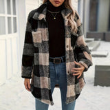 Fongt Women's Autumn And Winter Long Sleeve Double Pocket Lattice Hairy Large Fashion Coat