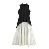 Fongt Dress Women's 2025 Spring Temperament Elegant Splicing Pressure Folding Long Dress Atmosphere Black And White