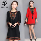 Spring Print Embroidery Folk-Custom Empire Woman Dress Elegant Slim Black Female Dresses Plus Size 4XL Office Lady