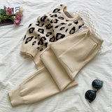 Women's Long Sleeve Knit Leopard Pullover Sweaters+Elastic Waist Pants Sets Fashion Trousers Two Pieces Costumes