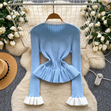 Fongt Name Xiao Xiangfeng Thrombium Metal Buckle Waist Long-Sleeved Knitted Top Girl Autumn Slim Thin Bottom Shirt
