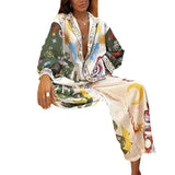 Fongt Women's 2025 Suit New Casual Print V-Neck Shirt Broad Leg Pants Women's Spring Suit