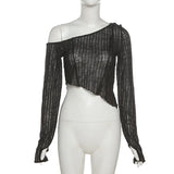 Fongt 2023 New Women's Solid Color Fashion Diagonal Shoulder Sexy Perspective Slim Wooden Ear Long Sleeve T-Shirt-Outfit