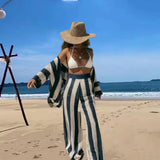 Fongt Women's Fashion 2025 Fashion V-Neck Collidered Striped Shirt Loose Broad Leg Trousers Knitted Set