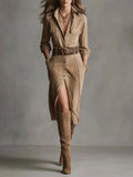 Fongt Autumn And Winter 2025 Autumn And Winter Velvet Temperament Buckle Shirt Collar Long Dress With Belt