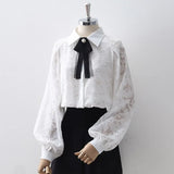 Autumn Vintage Lantern Sleeve White Lace Blouse Turn-Down Collar Button Up Elegant Shirts With Bow Fall Spring Basic
