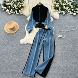 Fongt Suit Women's Port Wind Casual Colliding Color Splicing Collar Zipper Fake Two-Piece High-Waisted Cowboy Broad Leg Trousers