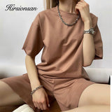 Loose Soft Sets Women 2021 New Casual Two Pieces Short Sleeve T Shirts and High Waist Shorts Solid Outfits