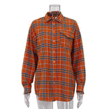 Fongt 2023 Women's College Style Orange Plaid Shirt Women's Loose Pocket Lapel Long-Sleeved Shirt-Outfit