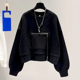 New Short Crewneck Sweatshirts Women Casual Long-sleeved T Shirt 2022 Korean Loose Zipper Patch Niche Pullover Tops
