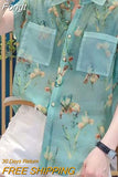 Printed Elegant Turn-down Collar Shirt Female Korean Casual Pockets Spliced Short Sleeve Blouse Summer Women's