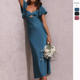 Fongt New Women's Temperament Solid Pink Heart Collar Short Sleeves Long Dress Dress Woman