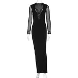 Women's Wear 2024 Autumn And Winter New Hollow-Out Mesh Long Sleeve Deep V Collar-Outfit