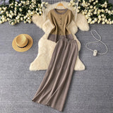 Fongt Sense Of The Color Short Sleeve Knitted Cardigan Top + High Waist Long Skirt Summer Wearing Two Sets