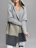 Fongt And Autumn Classic Splicing Color Knitted Sweater Cardigan Women's Fashion Hooded Loose Casual Coat