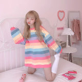 Style Kpop Striped Loose Sweatshirt Women Spring Long Sleeve Pullover Kawaii Clothes Colorful Rainbow Student Girl