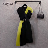 Women Deep V Neck High Waist Irregular Midi Dresses Office Ladies Elegant Patchwork Chifon Vestidos