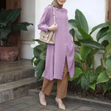 ZANZEA Women Full Sleeved Muslim Blouse Islamic Clothing Fashion Buttons Down Solid Long Blouse Tops Kaftan Casual Solid Blusas 703-0-Outfit