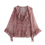 Fongt Spring/Summer Blouse With V-Neck Folding Animal Pattern Printed Women's Long-Sleeved Shirt