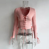 Fall Clothing Tops For Women 2021 Long Sleeve V-Neck Hollow Out Sexy Drawstring Fashion Crop Ladies