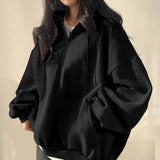 Solid Color Half Zip Up Oversized Hoodie-Outfit