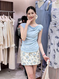 Fongt Xixi 13 Lines 2025 Summer New Temperament Ice Silk Bottom Knitted Flower Design Short-Sleeved T-Shirt 25D13