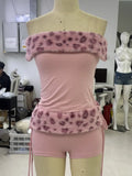 Fongt Of Sexy Folded Short Bra Vest Drawstring Low-Rise Shorts Leopard Hair Spliced Two Sets
