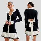 Fongt Bow Tied With Lot Of Leaves Side Of The Knitted Dress Pearl Buckle Long-Sleeved Little Scented Style Dress