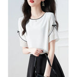 Fongt A Bow Round-Neck Short-Sleeved Chiffon Sleek Sleek Shirt For Women's New Elegant Oceanic Career In Summer 2025