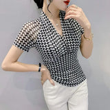 Sexy Slim Houndstooth Pullovers All-match Stylish Patchwork Casual 2023 Female Clothing Elegant V-Neck Commute T-shirt-Outfit