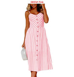 Boho Printed Beach Dress Women Spaghetti Straps Backless Sexy Dresses Female Casual Button Pocket Sleeveless Midi