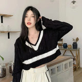 Korean Style V-neck Striped Crop Sweater Women Harajuku Y2K Oversize Pullover Jumper Basic Loose Knitted Tops
