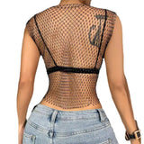 Fongt Nightclub Dresses Fishnet Hollow Out Rhinestone Vest Mesh Flash Diamond Sling Top