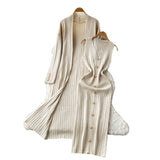 Fongt Senior Sense Loose External Medium And Long Knitted Cardigan Jacket + Sleeveless Metal Buckle Joint Skirt