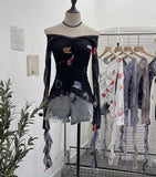 Real Shot One-字 Collared Shoulder Long-Sleeved Mesh Printing Top Irregularly Folded Lotus Leaves With Short T-Shirt