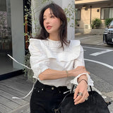 Lager Lapel Shirts Blouses Lace Up Long Sleeve Blusas Mujer Loose Camisas Korean Chic Ropa Spring Womens Clothing-Outfit