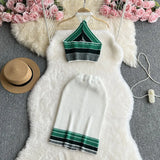 Fongt New Contrast Color Knit Hanging Neck Halter Jacket High Waist Slim Wrap Buttock Skirt Two Suits-Outfit